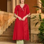 Alix Red Embroidered Cotton Kurta Set front view
