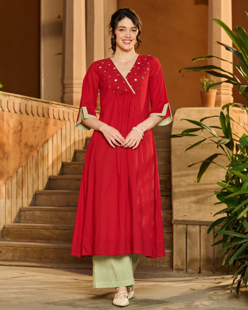 Alix Red Embroidered Cotton Kurta Set front view