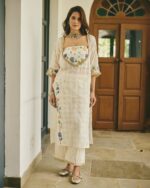 Alekha Cream Handpainted Cotton Checks Coord Set - front view
