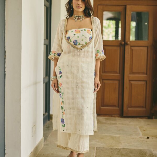 Alekha Cream Handpainted Cotton Checks Coord Set - front view