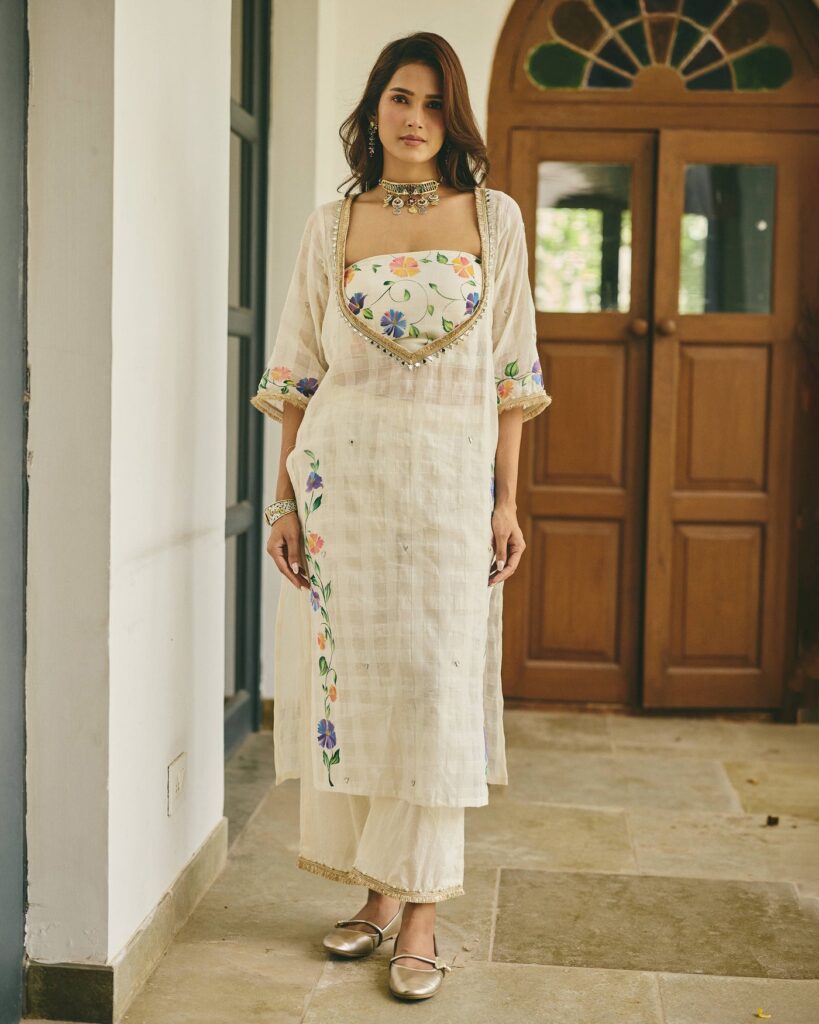 Alekha Cream Handpainted Cotton Checks Coord Set - front view