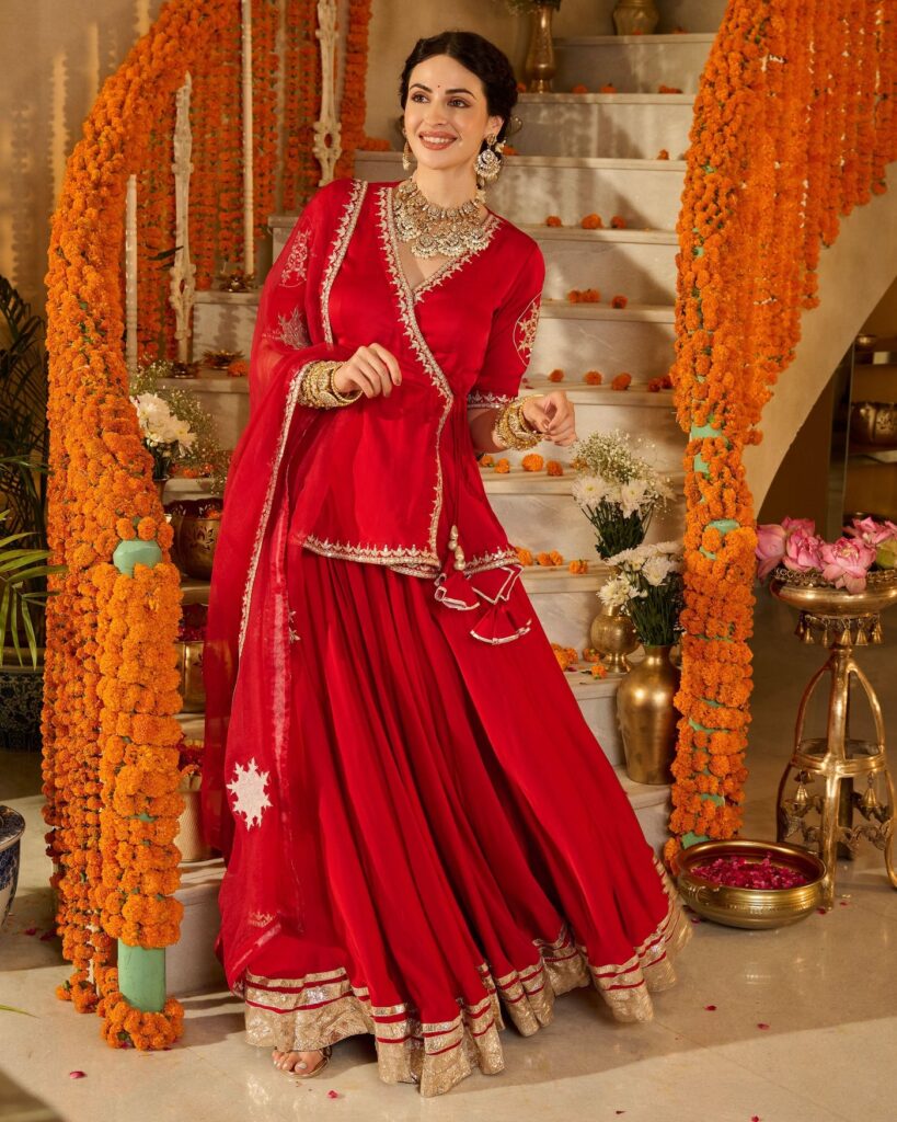 Mehka Red Solid Satin Lehenga Set styled look