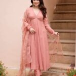 Kunda Peach Handpainted Chanderi Suit Set front view