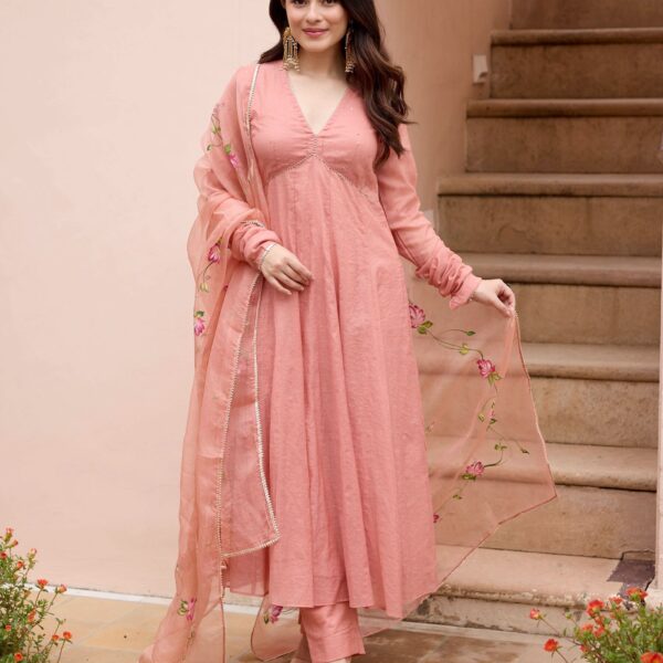 Kunda Peach Handpainted Chanderi Suit Set front view