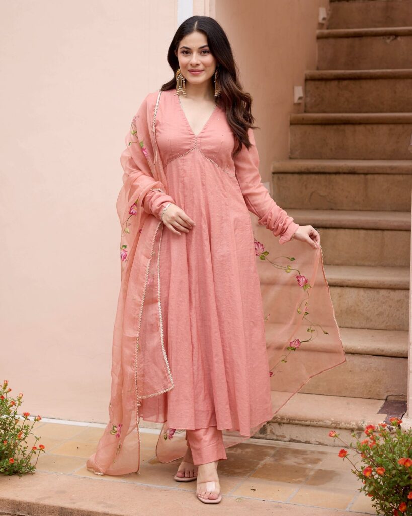 Kunda Peach Handpainted Chanderi Suit Set front view