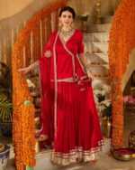 Mehka Red Solid Satin Lehenga Set side view