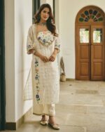 Alekha Cream Handpainted Cotton Checks Coord Set - detail view