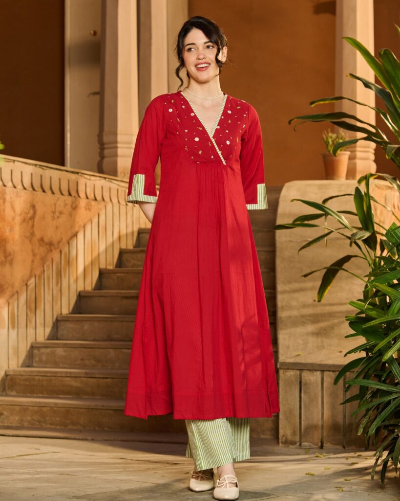 Alix Red Embroidered Cotton Kurta Set styled look