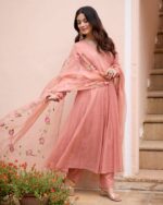 Kunda Peach Handpainted Chanderi Suit Set side view
