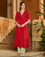 Alix Red Embroidered Cotton Kurta Set side view