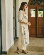 Alekha Cream Handpainted Cotton Checks Coord Set - side view