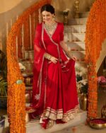 Mehka Red Solid Satin Lehenga Set embroidery detail