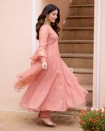 Kunda Peach Handpainted Chanderi Suit Set fabric detail