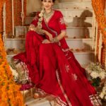 Mehka Red Solid Satin Lehenga Set front view