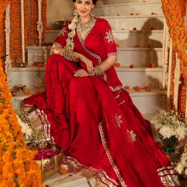 Mehka Red Solid Satin Lehenga Set front view