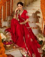 Mehka Red Solid Satin Lehenga Set fabric detail