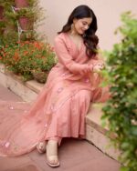 Kunda Peach Handpainted Chanderi Suit Set styled look