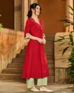 Alix Red Embroidered Cotton Kurta Set fabric detail