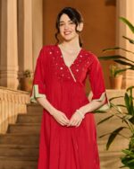 Alix Red Embroidered Cotton Kurta Set back view