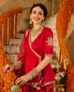 Mehka Red Solid Satin Lehenga Set back view