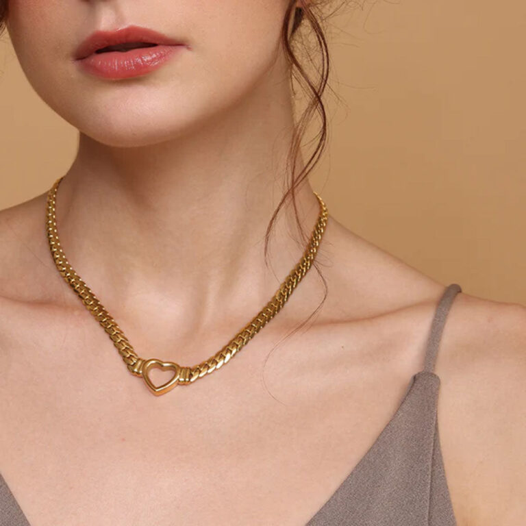 Palmonas Cuban Chain Hollow Heart Necklace 18k Gold Plated